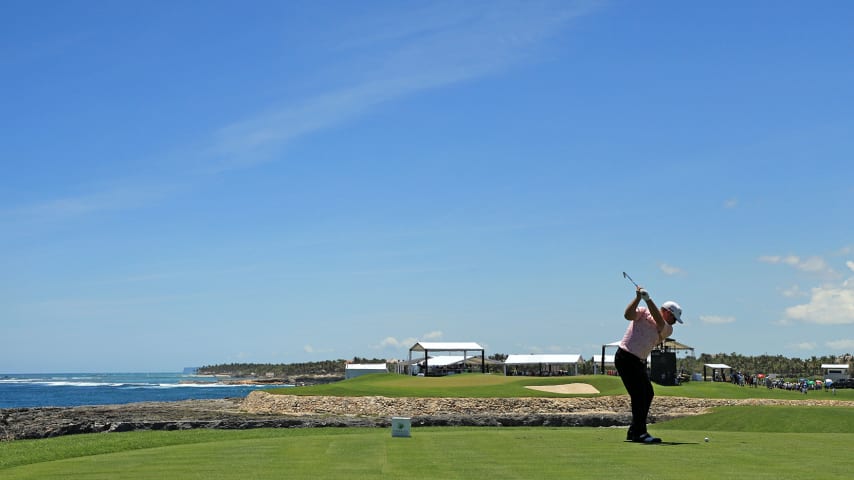 PUNTA CANA, DOMINICAN REPUBLIC - MARCH 31: Brady Schnell plays his shot from the ninth tee during the final round of the Corales Puntacana Resort & Club Championship on March 31, 2019 in Punta Cana, Dominican Republic. (Photo by Mike Ehrmann/Getty Images)