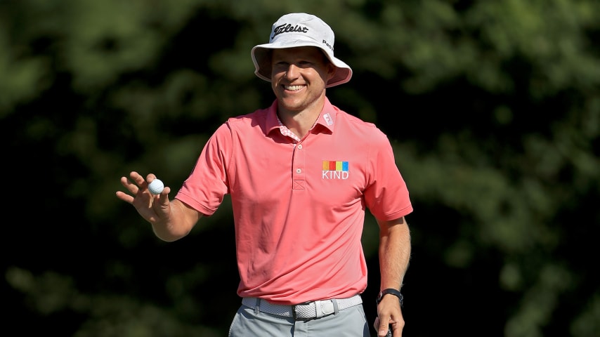 JACKSON, MISSISSIPPI - OCTOBER 04: Peter Malnati reacts after making birdie on the 15th green during the final round of the Sanderson Farms Championship at The Country Club of Jackson on October 04, 2020 in Jackson, Mississippi. (Photo by Sam Greenwood/Getty Images)