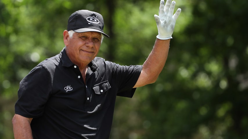 THE WOODLANDS, TEXAS - MAY 04:   Golfing legend Lee Trevino waves as he is introduced during the '3M Greats of Golf' at the Insperity Invitational at The Woodlands Country Club on May 04, 2019 in The Woodlands, Texas. (Photo by Christian Petersen/Getty Images)