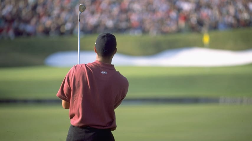 9 - 12 Nov 2000:  Tiger Woods of USA plays an approach shot to the green during the WGC - American Express Championship held at the Valderrama Golf Club in Valderrama in Spain. \ Mandatory Credit: Stuart Franklin /Allsport