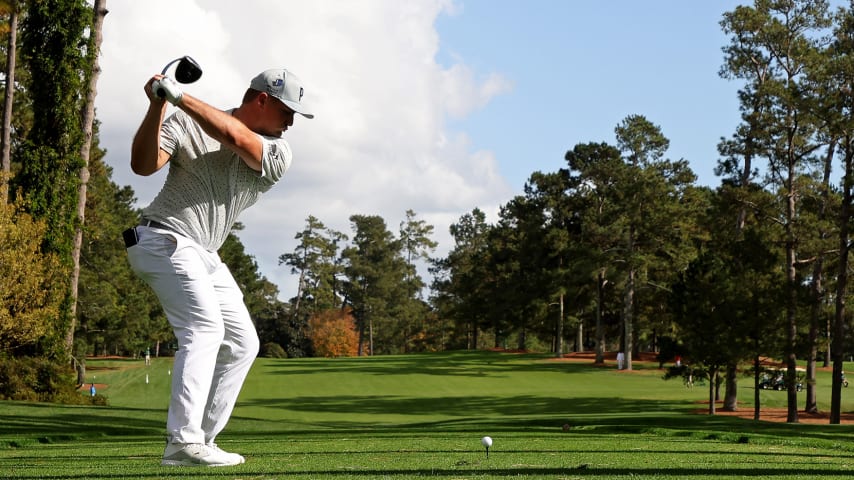 AUGUSTA, GEORGIA - NOVEMBER 09:  Bryson DeChambeau of the United States plays his shot from the 17th tee during a practice round prior to the Masters at Augusta National Golf Club on November 09, 2020 in Augusta, Georgia. (Photo by Jamie Squire/Getty Images)