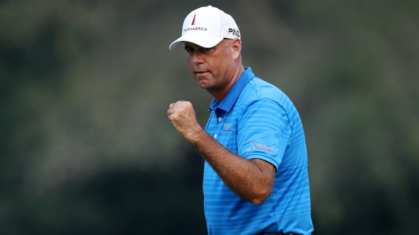 NAPA, CALIFORNIA - SEPTEMBER 13: Stewart Cink celebrates after his birdie putt on the 18th hole to finish -21 in the final round of the Safeway Open at Silverado Resort on September 13, 2020 in Napa, California. (Photo by Jed Jacobsohn/Getty Images)