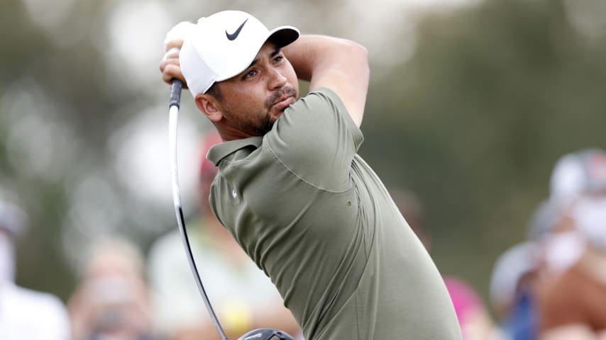 HOUSTON, TEXAS - NOVEMBER 08: Jason Day of Australia plays his shot from the third tee during the final round of the Houston Open at Memorial Park Golf Course on November 08, 2020 in Houston, Texas. (Photo by Carmen Mandato/Getty Images)