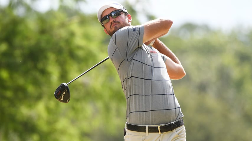 ST. AUGUSTINE, FLORIDA - JUNE 19: Brandon Crick tees off on the seventh tee during the third round of the Korn Ferry Tour's The King & Bear Classic at World Golf Village on the King & Bear Golf Course on June 19, 2020 in St. Augustine, Florida. (Photo by Ben Jared/PGA TOUR via Getty Images)