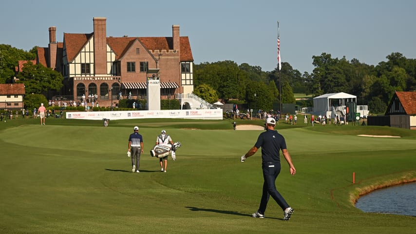 ATLANTA, GA - SEPTEMBER 07: Dustin Johnson walks along the 18th hole during the final round of the TOUR Championship at East Lake Golf Club on September 7, 2020 in Atlanta, Georgia. (Photo by Ben Jared/PGA TOUR via Getty Images)