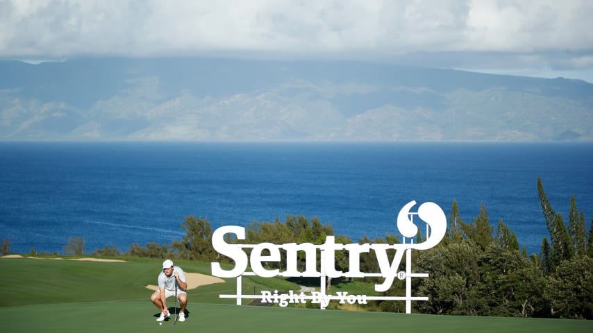 KAPALUA, HAWAII - JANUARY 05: Scottie Scheffler of the United States lines up a putt on the tenth green during a practice round prior to the Sentry Tournament Of Champions on the Plantation Course at Kapalua Golf Club on January 05, 2021 in Kapalua, Hawaii. (Photo by Cliff Hawkins/Getty Images)