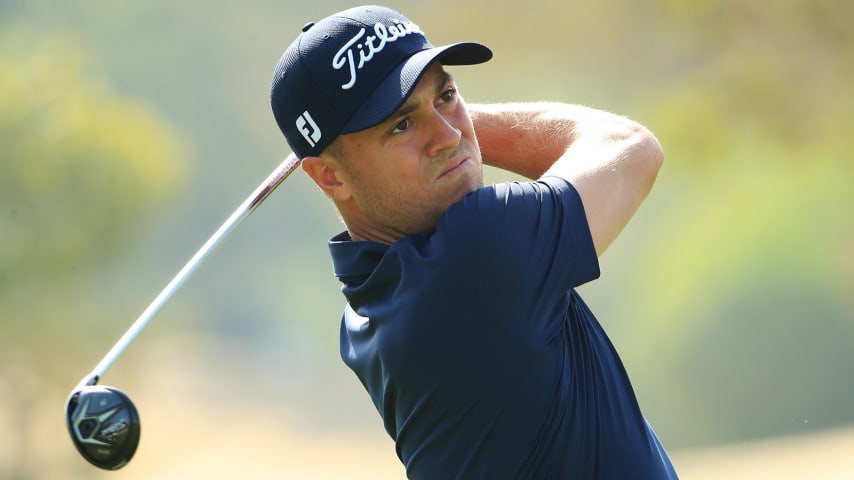 ABU DHABI, UNITED ARAB EMIRATES - JANUARY 20: Justin Thomas of the United States of America plays a shot during the pro am ahead of the Abu Dhabi HSBC Championship at Abu Dhabi Golf Club on January 20, 2021 in Abu Dhabi, United Arab Emirates. (Photo by Andrew Redington/Getty Images)