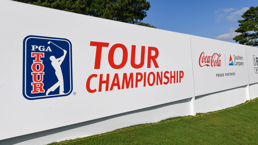 ATLANTA, GA - SEPTEMBER 02: Signage is seen on the 16th green prior to the TOUR Championship at East Lake Golf Club on September 2, 2020 in Atlanta, Georgia. (Photo by Ben Jared/PGA TOUR via Getty Images)