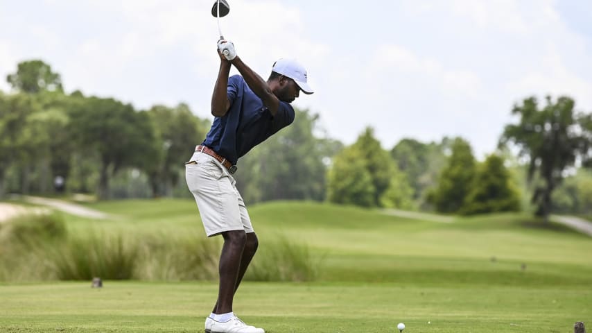 ST. AUGUSTINE, FL - JULY 09:  Kamaiu Johnson hits a tee shot on the 18th hole during the first round of an APGA Tour event on the Slammer & Squire Course at World Golf Village on July 9, 2020 in Saint Augustine, Florida. (Photo by Keyur Khamar/PGA TOUR via Getty Images)