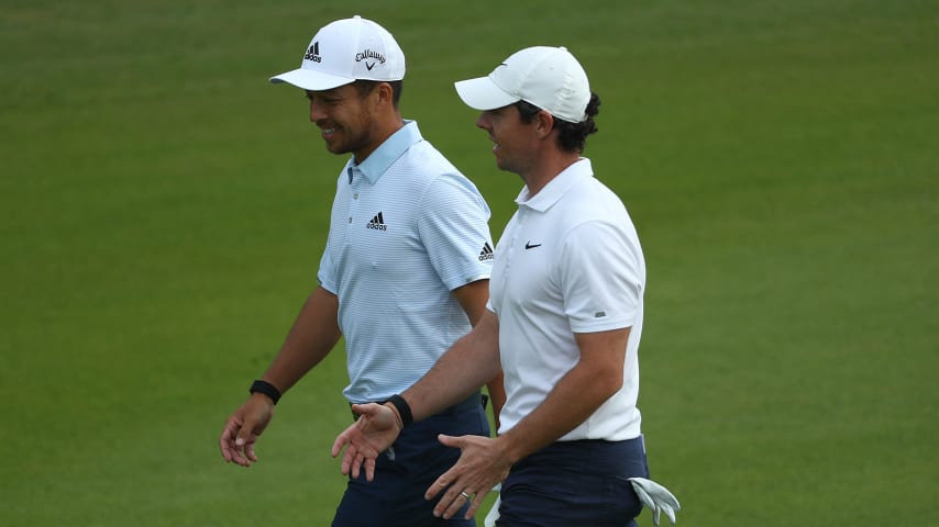 SHANGHAI, CHINA - NOVEMBER 03:  Xander Schauffele of United States of America and Rory McIlroy of Northern Ireland walk down the 3rd fairway during the final day of the WGC HSBC Champions at Sheshan International Golf Club  on November 03, 2019 in Shanghai, China. (Photo by Matthew Lewis/Getty Images)