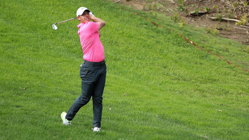 SAN DIEGO, CALIFORNIA - JANUARY 31: Rory McIlroy hits from the rough on the 13th hole during the final round of the Farmers Insurance Open at Torrey Pines South on January 31, 2021 in San Diego, California. (Photo by Katelyn Mulcahy/Getty Images)