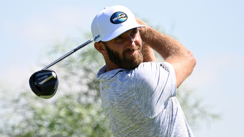 KAEC, SAUDI ARABIA - FEBRUARY 06: Dustin Johnson of the USA on the 6th tee during the third round of the Saudi International powered by SoftBank Investment Advisers at Royal Greens Golf and Country Club on February 06, 2021 in King Abdullah Economic City, Saudi Arabia. (Photo by Ross Kinnaird/Getty Images)