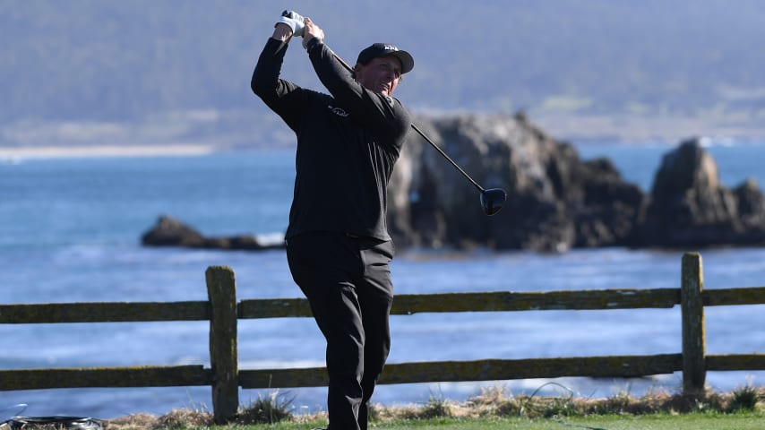 PEBBLE BEACH, CALIFORNIA - FEBRUARY 09: Phil Mickelson of the United States plays his shot from the 18th tee during the final round of the AT&T Pebble Beach Pro-Am at Pebble Beach Golf Links on February 09, 2020 in Pebble Beach, California. (Photo by Harry How/Getty Images)