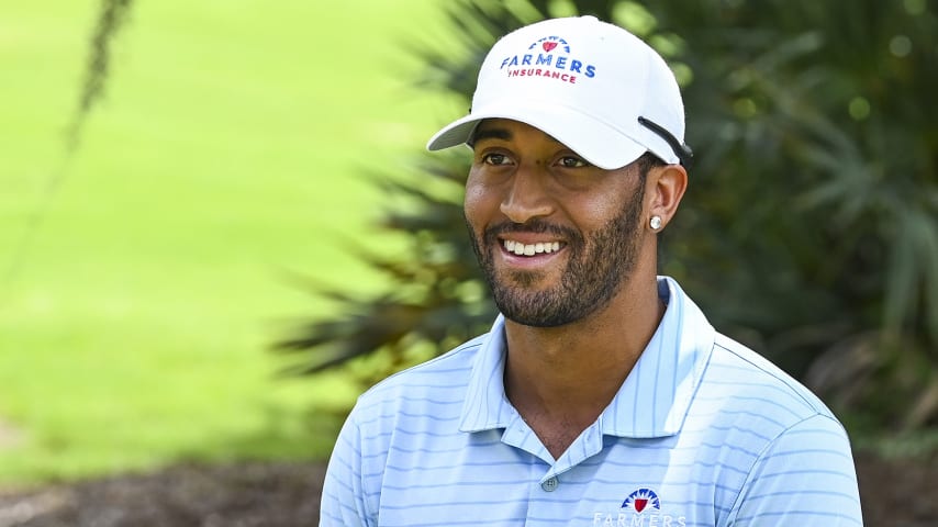 ST. AUGUSTINE, FL - JULY 09:  Willie Mack III smiles during an interview following the first round of an APGA Tour event on the Slammer & Squire Course at World Golf Village on July 9, 2020 in Saint Augustine, Florida. (Photo by Keyur Khamar/PGA TOUR via Getty Images)