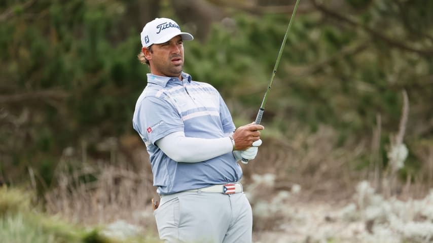 PEBBLE BEACH, CALIFORNIA - FEBRUARY 11: Rafael Campos of Puerto Rico plays his shot from the third tee during the first round of the AT&T Pebble Beach Pro-Am at Spyglass Hill Golf Course on February 11, 2021 in Pebble Beach, California. (Photo by Steph Chambers/Getty Images)