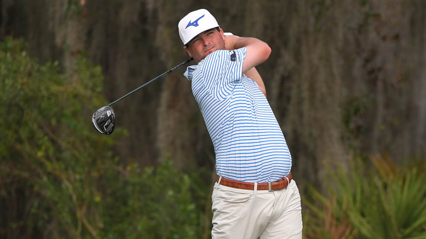 LAKEWOOD RANCH, FL - FEBRUARY 18: Greyson Sigg tees off on the fourth hole during the first round of the LECOM Suncoast Classic at Lakewood National Golf Club Commander Course on February 18, 2021 in Lakewood Ranch, Florida. (Photo by Ben Jared/PGA TOUR via Getty Images)