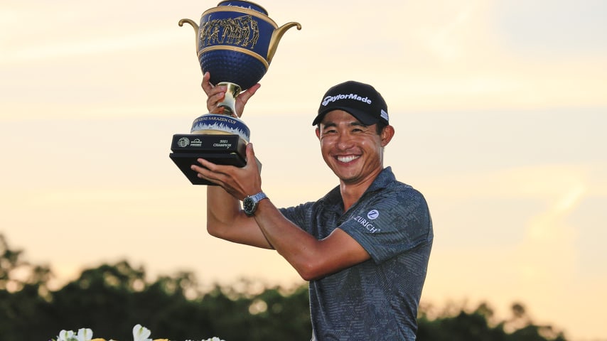 BRADENTON, FLORIDA - FEBRUARY 28: Collin Morikawa of the United States celebrates with the trophy after winning the final round of World Golf Championships-Workday Championship at The Concession on February 28, 2021 in Bradenton, Florida. (Photo by Sam Greenwood/Getty Images)