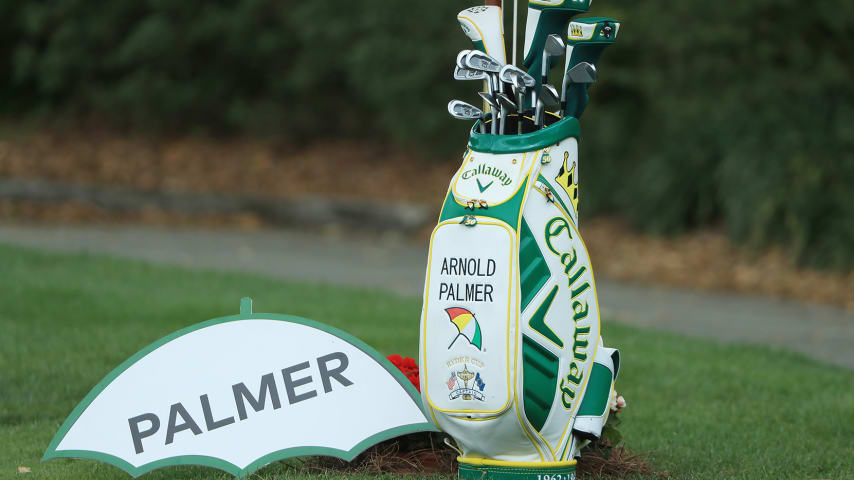 ORLANDO, FLORIDA - MARCH 08: A bag remembering Arnold Palmer is displayed during the final round of the Arnold Palmer Invitational Presented by MasterCard at the Bay Hill Club and Lodge on March 08, 2020 in Orlando, Florida. (Photo by Sam Greenwood/Getty Images)