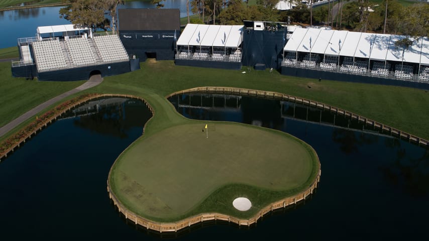 PONTE VEDRA BEACH, FL - MARCH 13: (EDITOR'S NOTE: Image taken with a drone.) View of the 17th green during the second round of the canceled PLAYERS Championship on THE PLAYERS Stadium Course at TPC Sawgrass on March 13, 2020, in  Ponte Vedra Beach, FL. (Photo by Ben Jared/PGA TOUR via Getty Images)