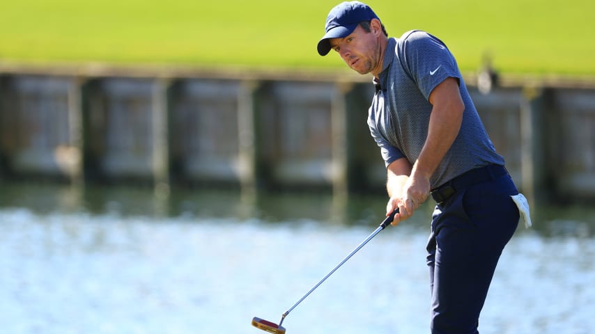 PONTE VEDRA BEACH, FLORIDA - MARCH 11: Rory McIlroy of Northern Ireland putts on the 17th green during the first round of THE PLAYERS Championship on THE PLAYERS Stadium Course at TPC Sawgrass on March 11, 2021 in Ponte Vedra Beach, Florida. (Photo by Mike Ehrmann/Getty Images)