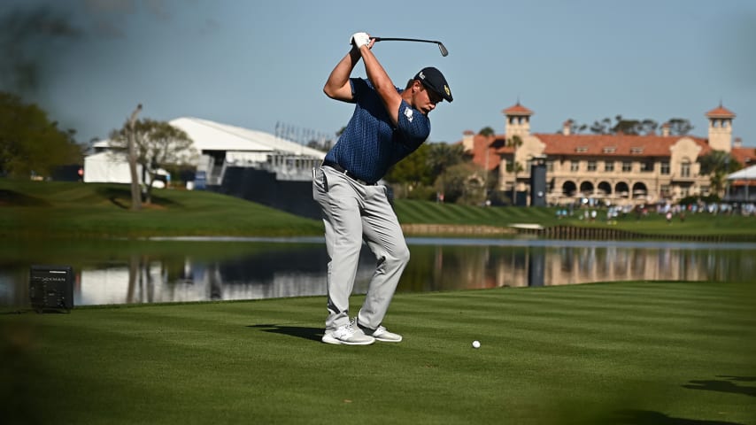 PONTE VEDRA BEACH, FL - MARCH 12: Bryson DeChambeau prepares to hit his tee shot on the 18th hole during the second round of THE PLAYERS Championship on THE PLAYERS Stadium Course at TPC Sawgrass on March 12, 2021, in Ponte Vedra Beach, FL. (Photo by Ben Jared/PGA TOUR via Getty Images)