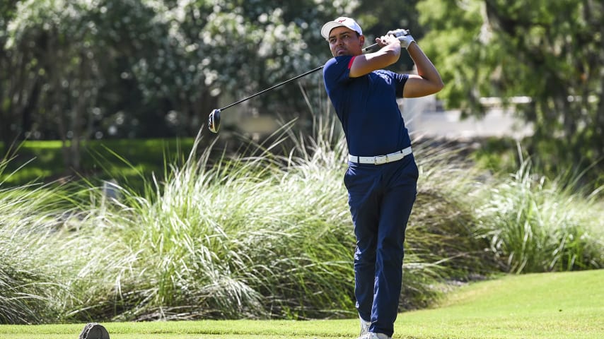 ST. AUGUSTINE, FL - JULY 10:  Michael Herrera hits a tee shot on the 11th hole during the final round of an APGA Tour event on the Slammer & Squire Course at World Golf Village on July 10, 2020 in Saint Augustine, Florida. (Photo by Keyur Khamar/PGA TOUR via Getty Images)