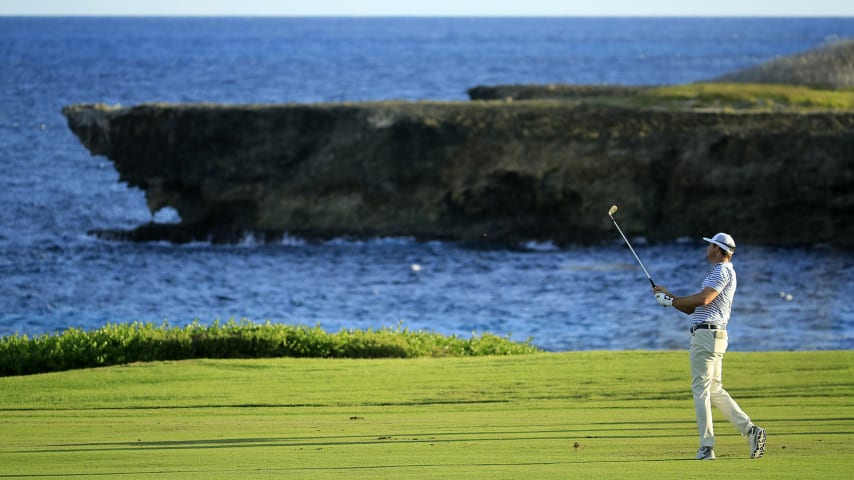 PUNTA CANA, DOMINICAN REPUBLIC - SEPTEMBER 27: Hudson Swafford plays his second shot on the 18th hole during the final round of the Corales Puntacana Resort & Club Championship on September 27, 2020 in Punta Cana, Dominican Republic.  (Photo by Andy Lyons/Getty Images)