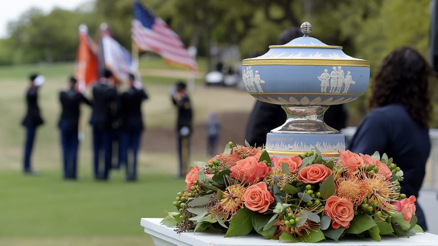 AUSTIN, TX - MARCH 31: The Walter Hagen Cup is seen on the first tee for a military ceremony during the semifinal match at the World Golf Championships-Dell Technologies Match Play at Austin Country Club on March 31, 2019 in Austin, Texas. (Photo by Tracy Wilcox/PGA TOUR)