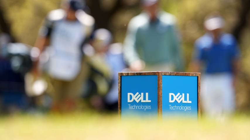 AUSTIN, TEXAS - MARCH 25: A detailed view of a Dell tee marker on the eighth tee during the second round of the World Golf Championships-Dell Technologies Match Play at Austin Country Club on March 25, 2021 in Austin, Texas. (Photo by Darren Carroll/Getty Images)