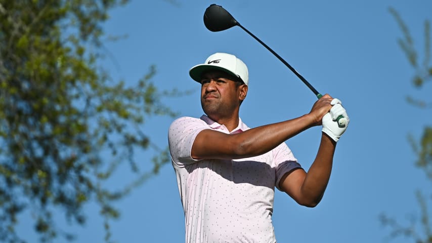 AUSTIN, TX - MARCH 26: Tony Finau tees off on the first hole during round three of the World Golf Championships-Dell Technologies Match Play at Austin Country Club on March 26, 2021 in Austin, Texas. (Photo by Ben Jared/PGA TOUR via Getty Images)