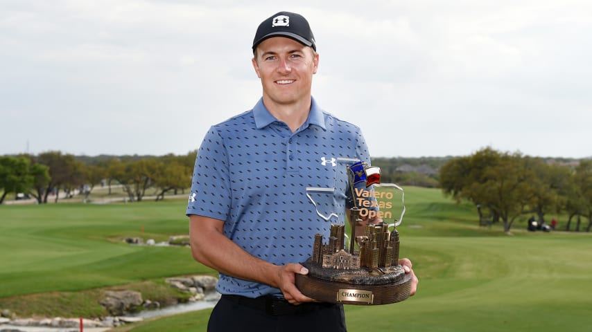 SAN ANTONIO, TEXAS - APRIL 04: Jordan Spieth poses with the trophy after putting in to win during the final round of Valero Texas Open at TPC San Antonio Oaks Course on April 04, 2021 in San Antonio, Texas. (Photo by Steve Dykes/Getty Images)