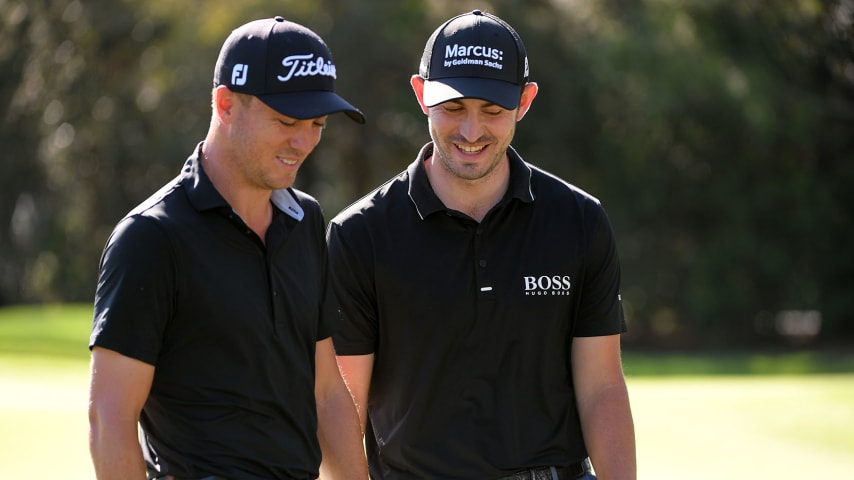 PONTE VEDRA BEACH, FL - MARCH 12:  Justin Thomas and Patrick Cantlay react after putting during the second round of THE PLAYERS Championship on THE PLAYERS Stadium Course at TPC Sawgrass on March 12, 2021, in Ponte Vedra Beach, FL. (Photo by Ben Jared/PGA TOUR via Getty Images)