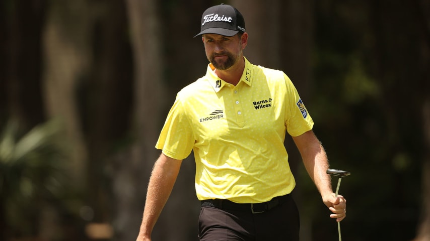 HILTON HEAD ISLAND, SOUTH CAROLINA - APRIL 18: Webb Simpson of the United States reacts to his putt on the first green during the final round of the RBC Heritage on April 18, 2021 at Harbour Town Golf Links in Hilton Head Island, South Carolina. (Photo by Patrick Smith/Getty Images)