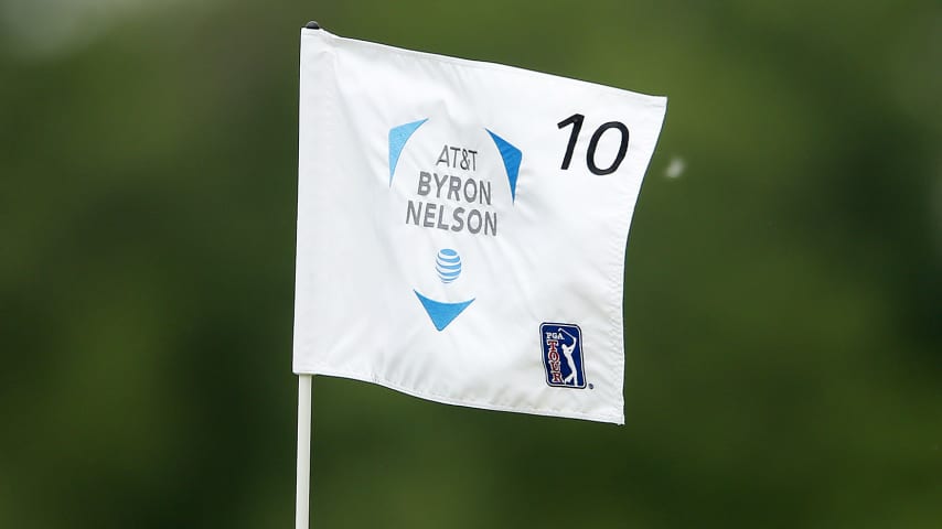 DALLAS, TEXAS - MAY 09: A detailed view of the flag on the 10th hole during the first round of the AT&T Byron Nelson at Trinity Forest Golf Club on May 09, 2019 in Dallas, Texas. (Photo by Michael Reaves/Getty Images)