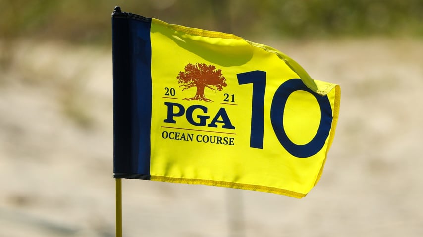 KIAWAH ISLAND, SOUTH CAROLINA - MAY 17: A pin flag is displayed on the tenth green during a practice round prior to the 2021 PGA Championship at Kiawah Island Resort's Ocean Course on May 17, 2021 in Kiawah Island, South Carolina. (Photo by Patrick Smith/Getty Images)