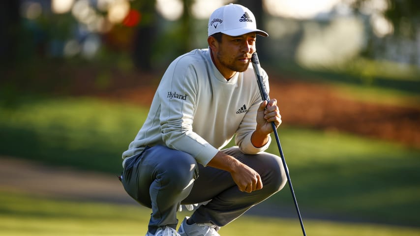 CHARLOTTE, NORTH CAROLINA - MAY 07: Xander Schauffele of the United States lines up a putt on the tenth green during the second round of the 2021 Wells Fargo Championship at Quail Hollow Club on May 07, 2021 in Charlotte, North Carolina. (Photo by Jared C. Tilton/Getty Images)