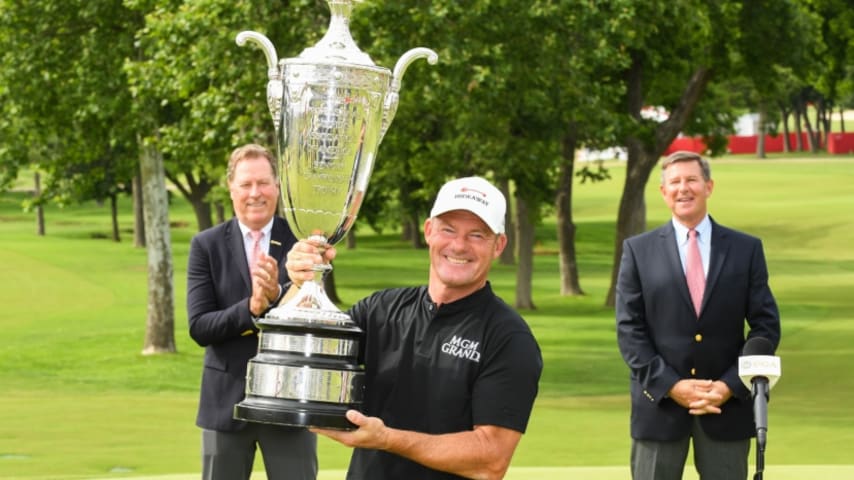 TULSA, OK - MAY 30: Alex Cejka of Germany poses with the Alfred S. Bourne Trophy during Trophy Ceremony of the 81st KitchenAid Senior PGA Championship held at the Southern Hills Country Club on May 30, 2021 in Tulsa, Oklahoma. (Photo by Montana Pritchard/PGA of America)