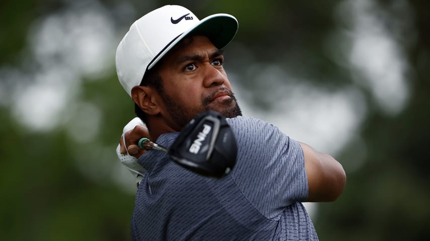 FORT WORTH, TEXAS - MAY 28: Tony Finau hits his tee shot on the third hole during the second round of the Charles Schwab Challenge at Colonial Country Club on May 28, 2021 in Fort Worth, Texas. (Photo by Tom Pennington/Getty Images)