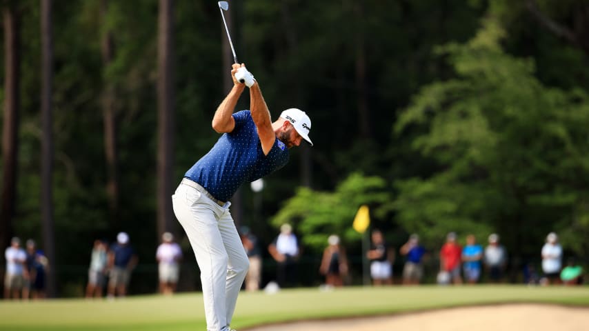 RIDGELAND, SOUTH CAROLINA - JUNE 10: Dustin Johnson plays a shot on the first hole during the first round of the Palmetto Championship at Congaree on June 10, 2021 in Ridgeland, South Carolina. (Photo by Mike Ehrmann/Getty Images)