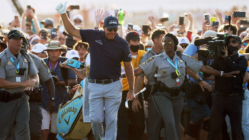 KIAWAH ISLAND, SOUTH CAROLINA - MAY 23:  Phil Mickelson of the United States walks up the 18th fairway as fans cheer during the final round of the 2021 PGA Championship held at the Ocean Course of Kiawah Island Golf Resort on May 23, 2021 in Kiawah Island, South Carolina. (Photo by Jamie Squire/Getty Images)