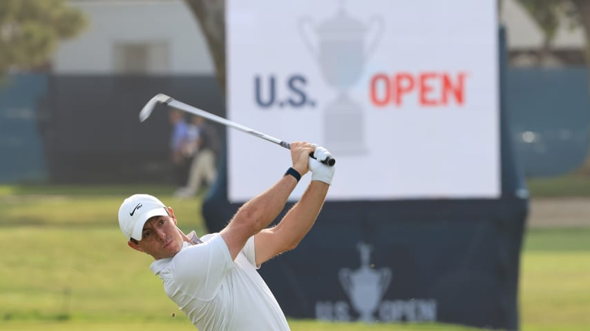 SAN DIEGO, CALIFORNIA - JUNE 15: Rory McIlroy of Northern Ireland plays a shot on the 16th hole during a practice round prior to the start of the 2021 U.S. Open at Torrey Pines Golf Course on June 15, 2021 in San Diego, California. (Photo by Sean M. Haffey/Getty Images)