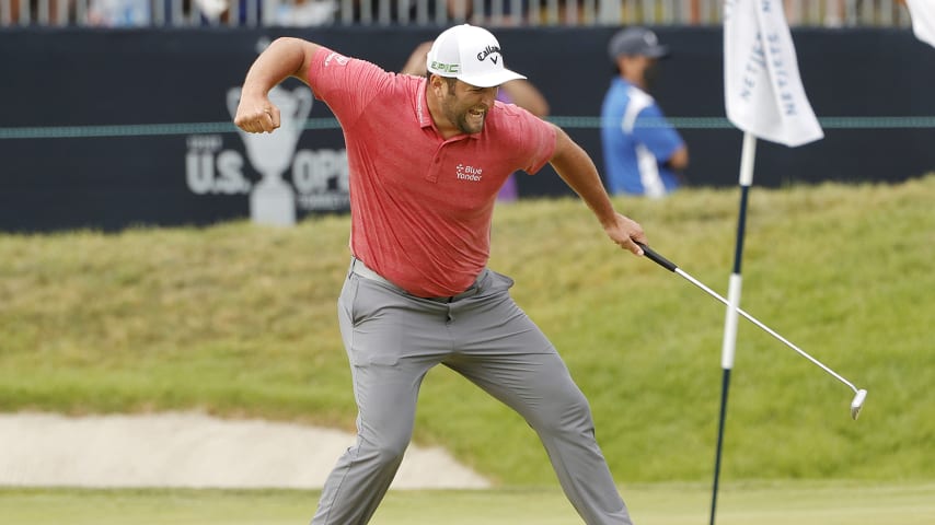 SAN DIEGO, CALIFORNIA - JUNE 20: Jon Rahm of Spain celebrates making a putt for birdie on the 18th green during the final round of the 2021 U.S. Open at Torrey Pines Golf Course (South Course) on June 20, 2021 in San Diego, California. (Photo by Ezra Shaw/Getty Images)