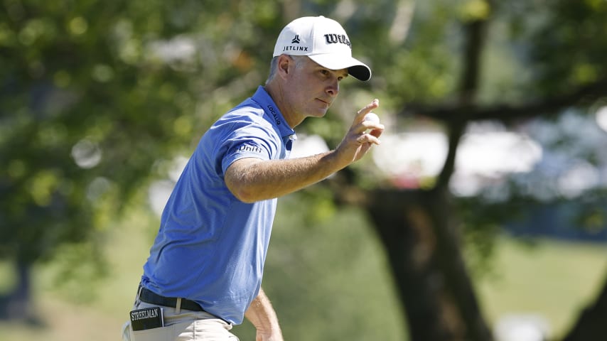 CROMWELL, CONNECTICUT - JUNE 24: Kevin Streelman of the United States reacts to his birdie putt on the second green during the first round of the Travelers Championship at TPC River Highlands on June 24, 2021 in Cromwell, Connecticut. (Photo by Michael Reaves/Getty Images)