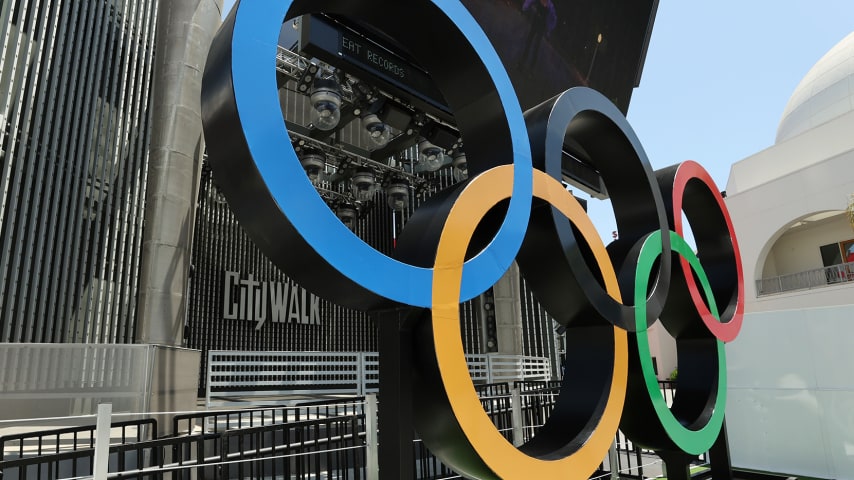 UNIVERSAL CITY, CALIFORNIA - JULY 03: NBC Olympics launches "Rings Across America" Tour life-size set of iconic Olympic Rings at Universal Studios Hollywood on July 03, 2021 in Universal City, California. (Photo by Amy Sussman/Getty Images)