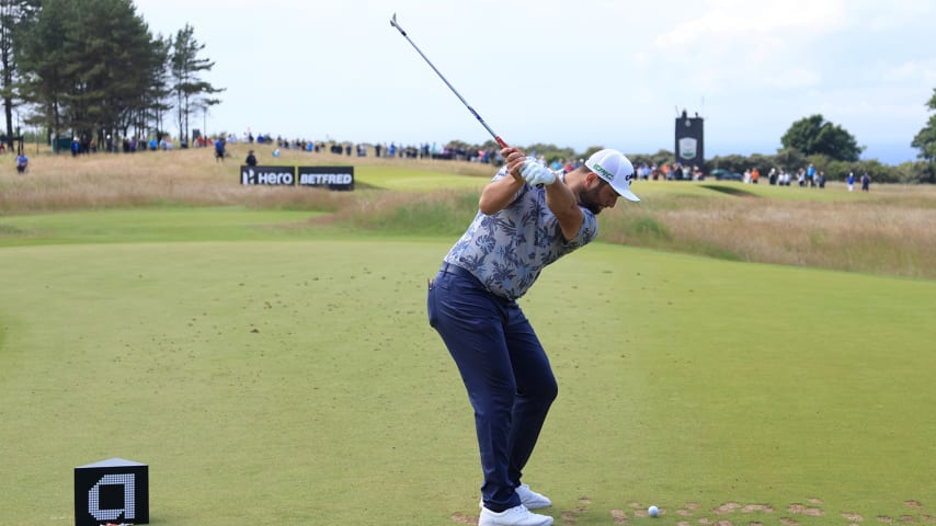 NORTH BERWICK, SCOTLAND - JULY 10: Jon Rahm of Spain tees off on the 6th hole during Day Three of the abrdn Scottish Open at The Renaissance Club on July 10, 2021 in North Berwick, Scotland. (Photo by Andrew Redington/Getty Images)