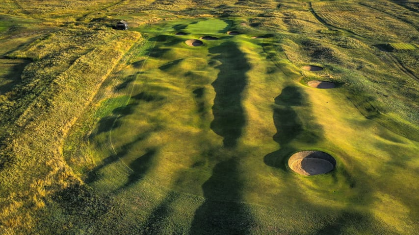 SANDWICH, ENGLAND - JULY 20: An aerial view of the par 4, 12th hole the host venue for the 2021 Open Championship at The Royal St. George's Golf Club on July 20, 2020 in Sandwich, England. (Photo by David Cannon/Getty Images)