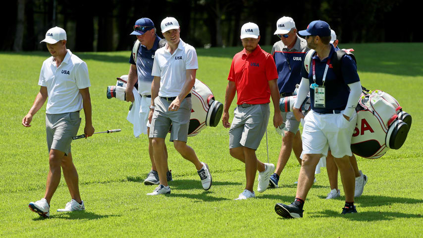 TOKYO, JAPAN - JULY 28:  Xander Schauffele, Justin Thomas, and Collin Morikawa of Team USA play during a practice round at Kasumigaseki Country Club ahead of the Tokyo Olympic Games on July 28, 2021 in Tokyo, Japan. (Photo by Mike Ehrmann/Getty Images)