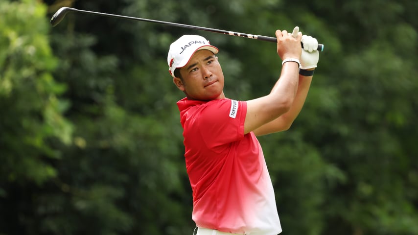 KAWAGOE, JAPAN - JULY 29: Hideki Matsuyama of Team Japan plays his shot from the sixth tee during the first round of the Men's Individual Stroke Play on day six of the Tokyo 2020 Olympic Games at Kasumigaseki Country Club on July 29, 2021 in Kawagoe, Saitama, Japan. (Photo by Chris Trotman/Getty Images)