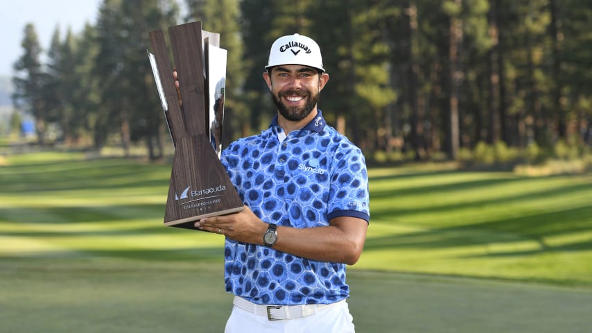 TRUCKEE, CALIFORNIA - AUGUST 08: Erik van Rooyen of South Africa celebrates with the trophy after winning during the final round of the Barracuda Championship at Tahoe Mountain Club's Old Greenwood Golf Course on August 08, 2021 in Truckee, California. (Photo by Alex Goodlett/Getty Images)