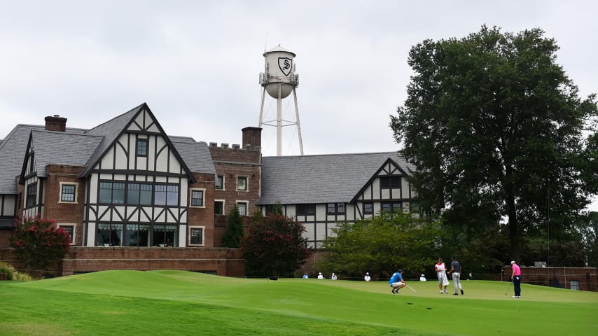 GREENSBORO, NORTH CAROLINA - AUGUST 16: A general view as players putt on the ninth green during the final round of the Wyndham Championship at Sedgefield Country Club on August 16, 2020 in Greensboro, North Carolina. (Photo by Jared C. Tilton/Getty Images)